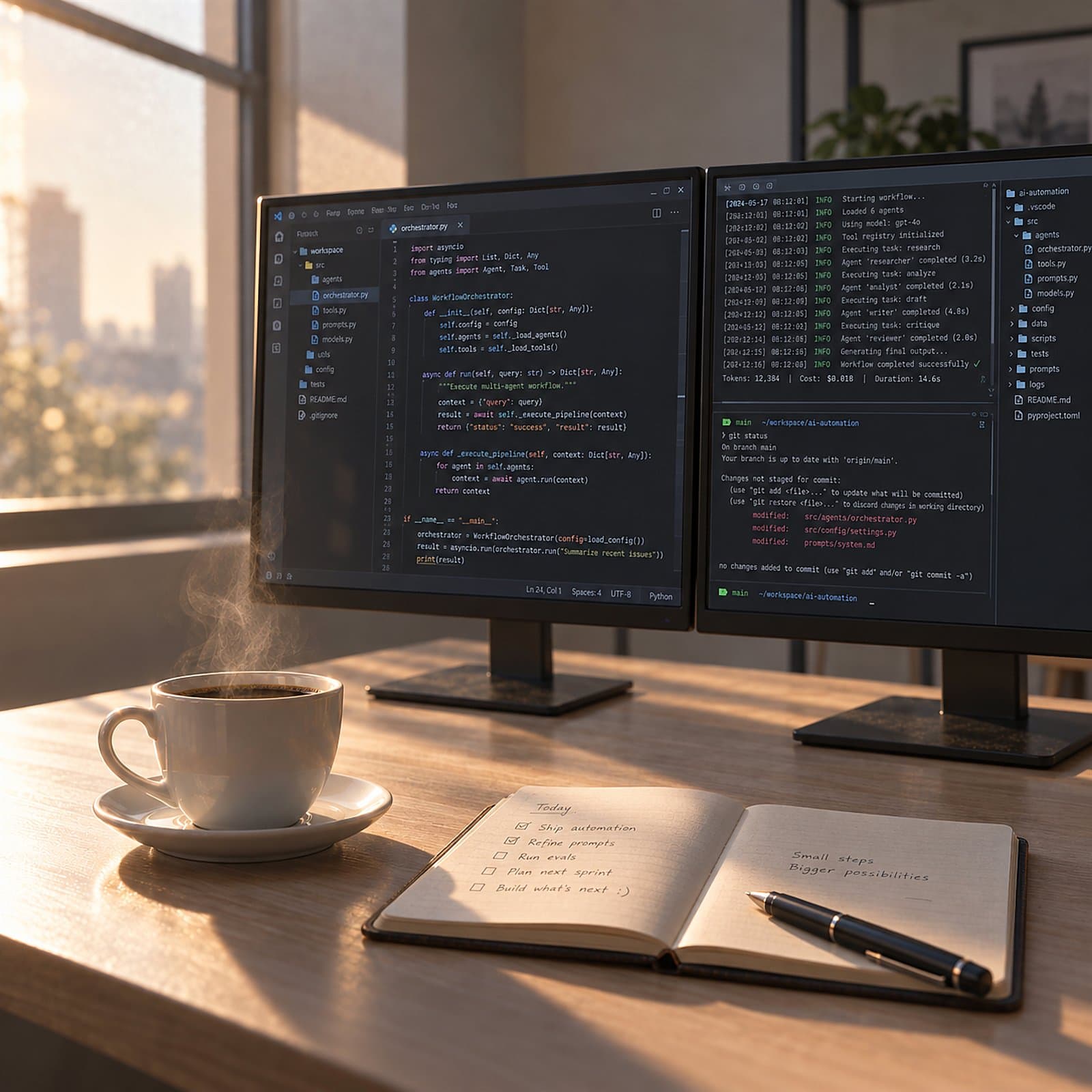 A cup of coffee on a sunlit desk, two monitors showing automation workflow code, and a notebook with today's to-do list